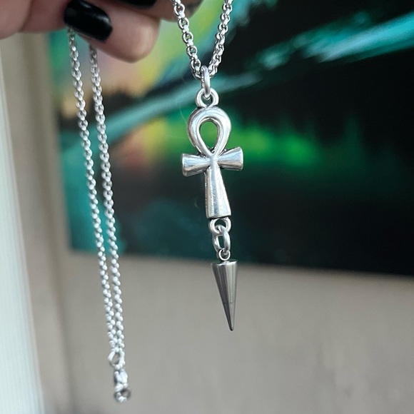 Ankh set with dangly silver spikes stainless steel chain adjustable goth boho - Picture 3 of 13